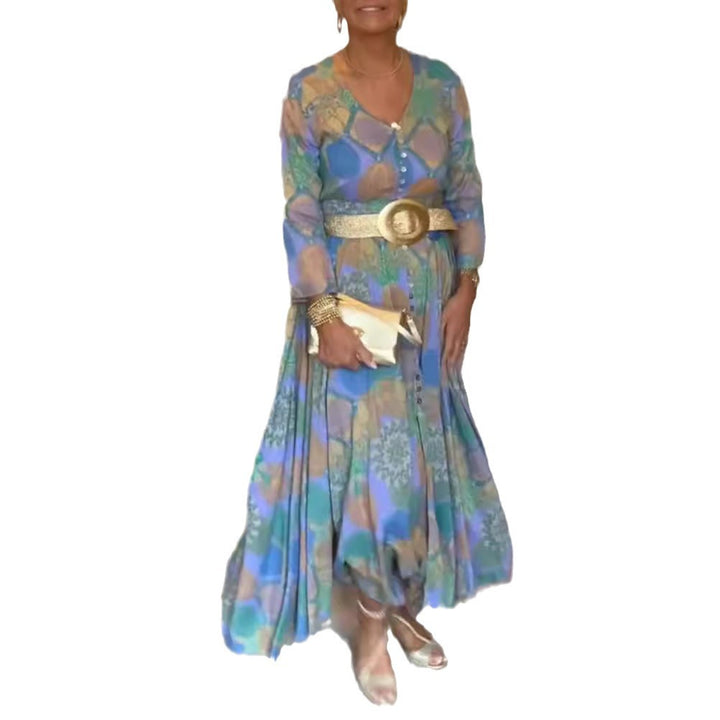 Damen nan gemustertes Maxikleid mit durchgehender Knopfleiste, V-Ausschnitt, langen Ärmeln und plissiertem Rock Echo Archiv