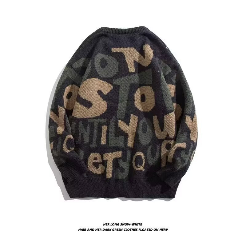 Damen Grobstrickpullover mit kreativen Schriftzügen Echoarchiv