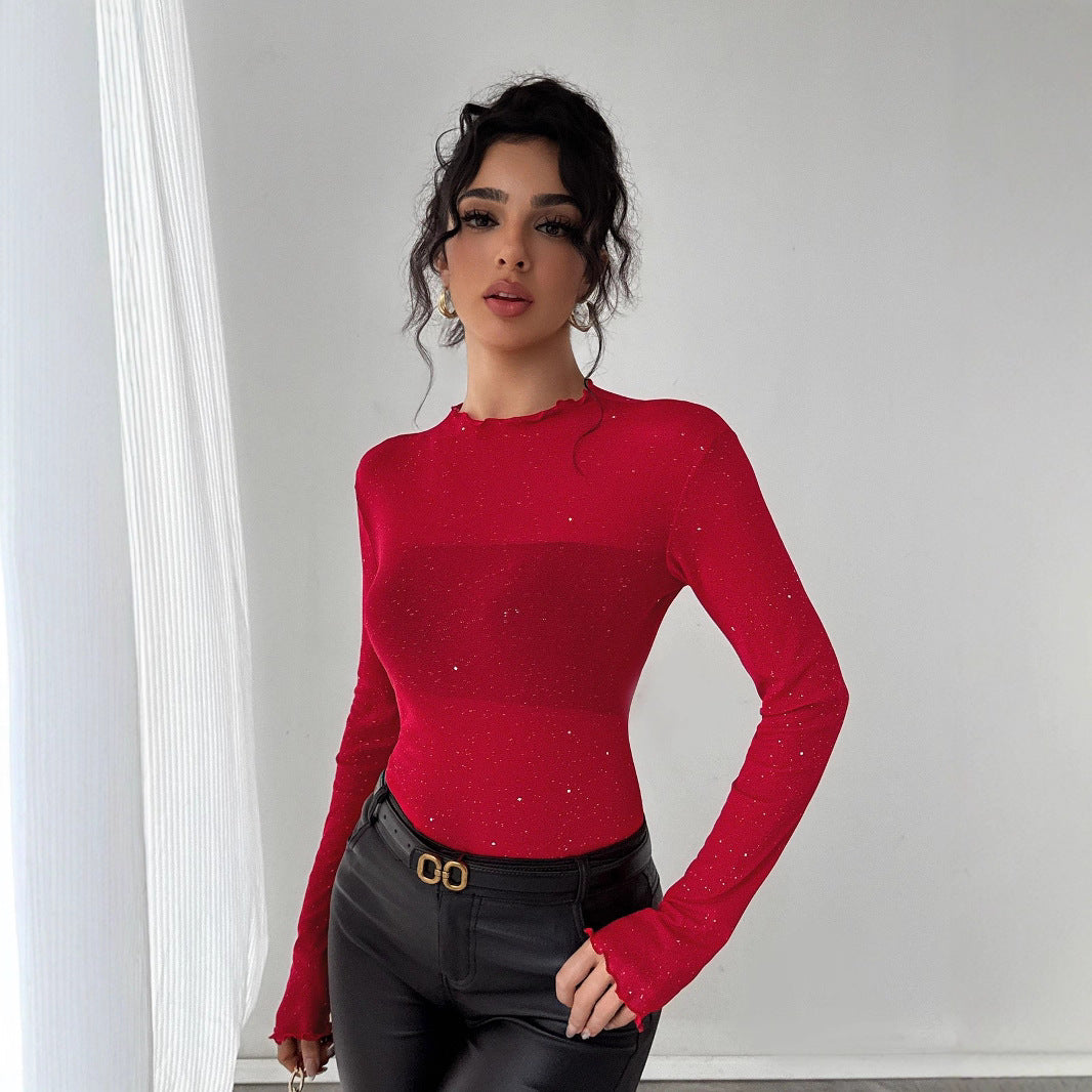 Damen nan figurbetontes Feinstrickoberteil mit Stehkragen und Glitzergarn Echo Archiv