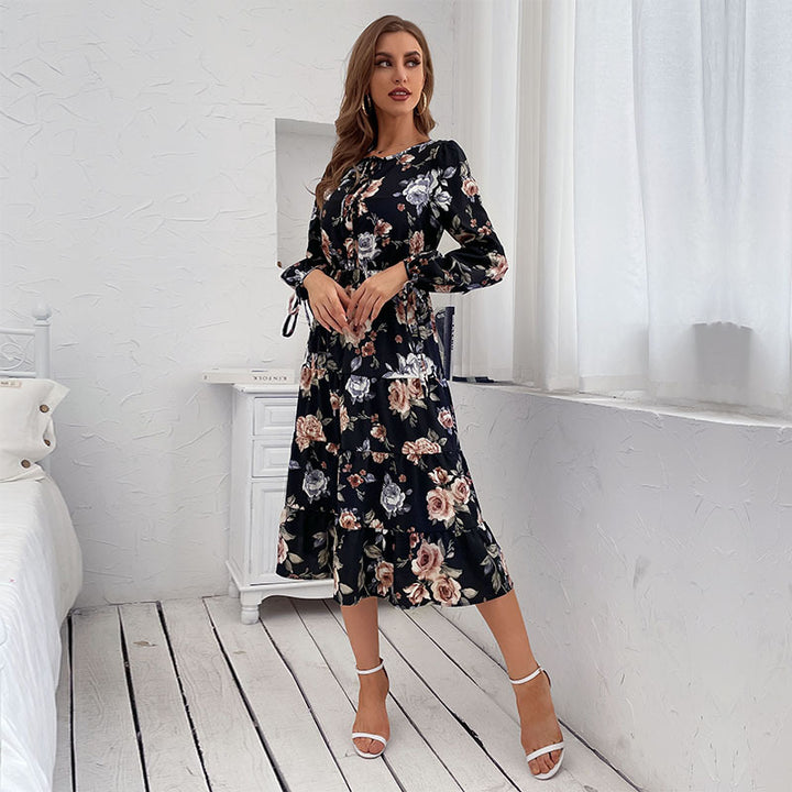 Damen Blumiges Stufen-Midikleid mit Taillenschnürung und Ballonärmeln – Élara