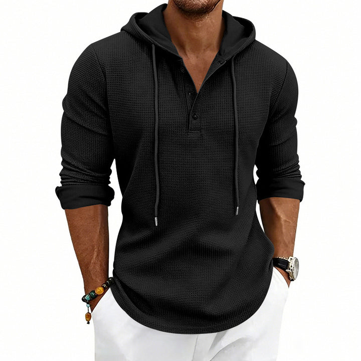 Herren Texturiertes Kapuzen-Langarmshirt mit Knopfleiste und Waffelstruktur Echoarchiv
