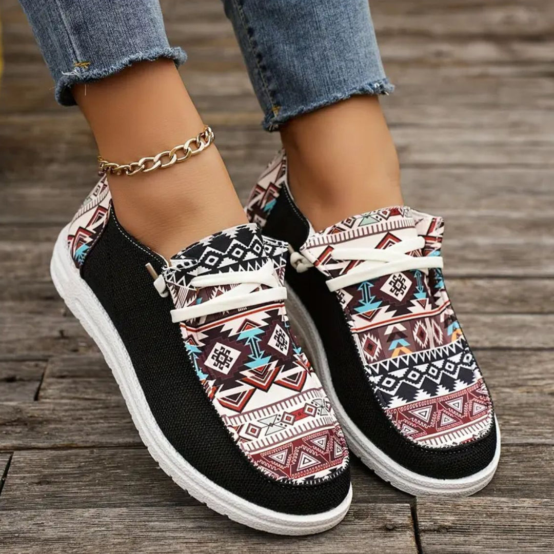 Damen nan leichte Espadrille-Sneaker mit Ethno-Print, Bastbesatz und rutschfester Gummisohle Echo Archiv