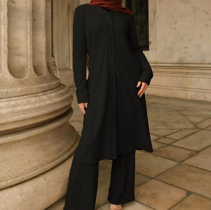 Damen Modestisches Knopf-Tunika-Set mit gerader Silhouette, langen Ärmeln und weitem Palazzo-Hosenbein – Élanora
