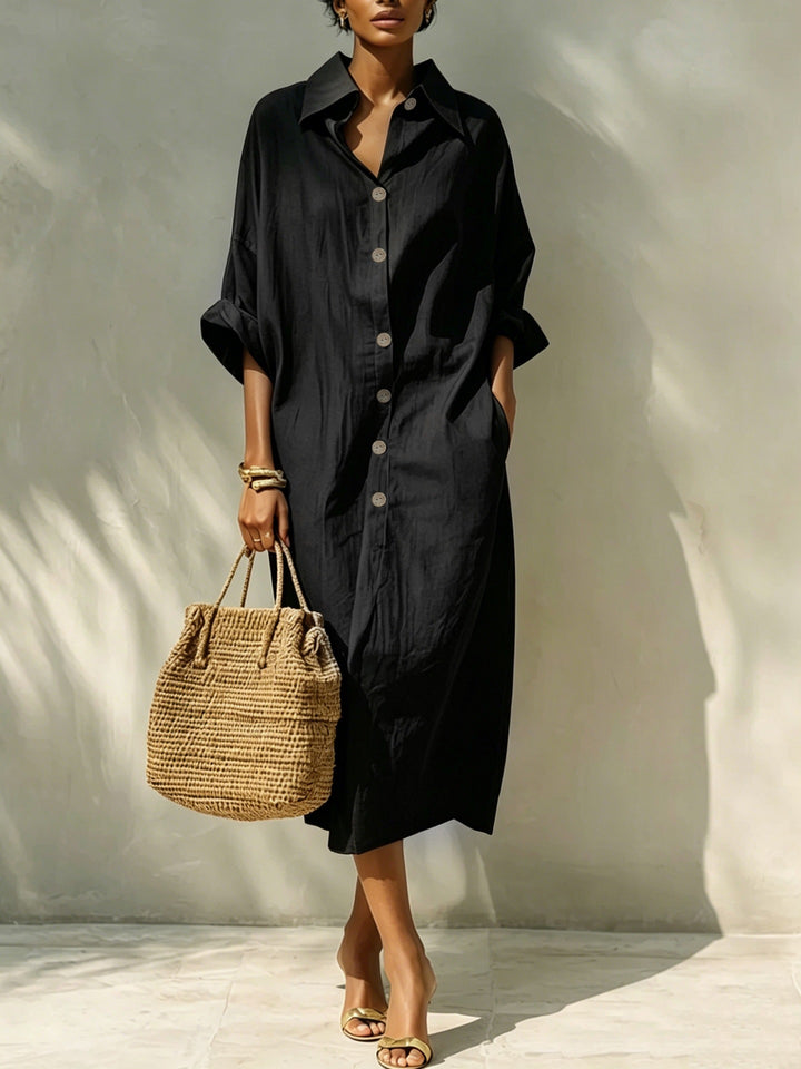 Damen Langes Oversize-Hemdblusenkleid mit Kentkragen und durchgehender Knopfleiste – Valéora