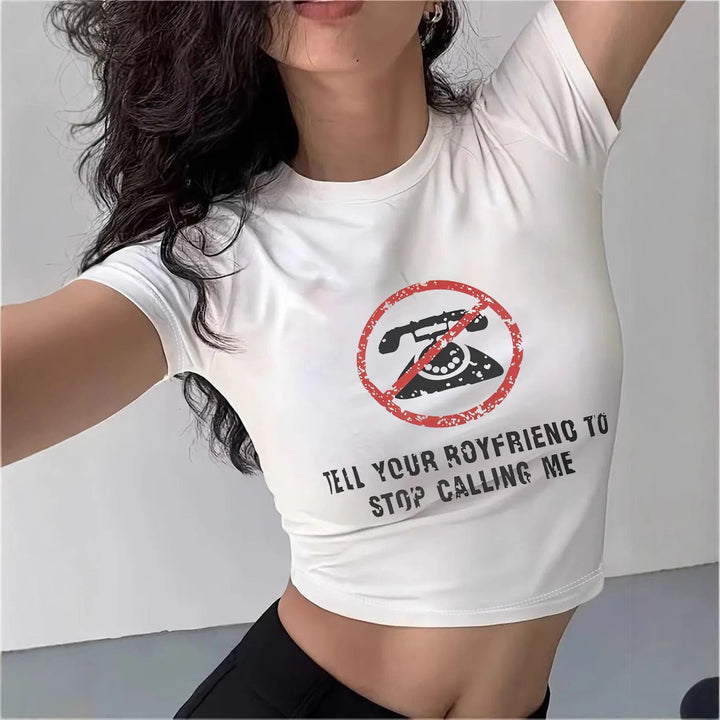 Damen Crop-T-Shirt mit modernem Grafiken-Aufdruck Echo Archiv