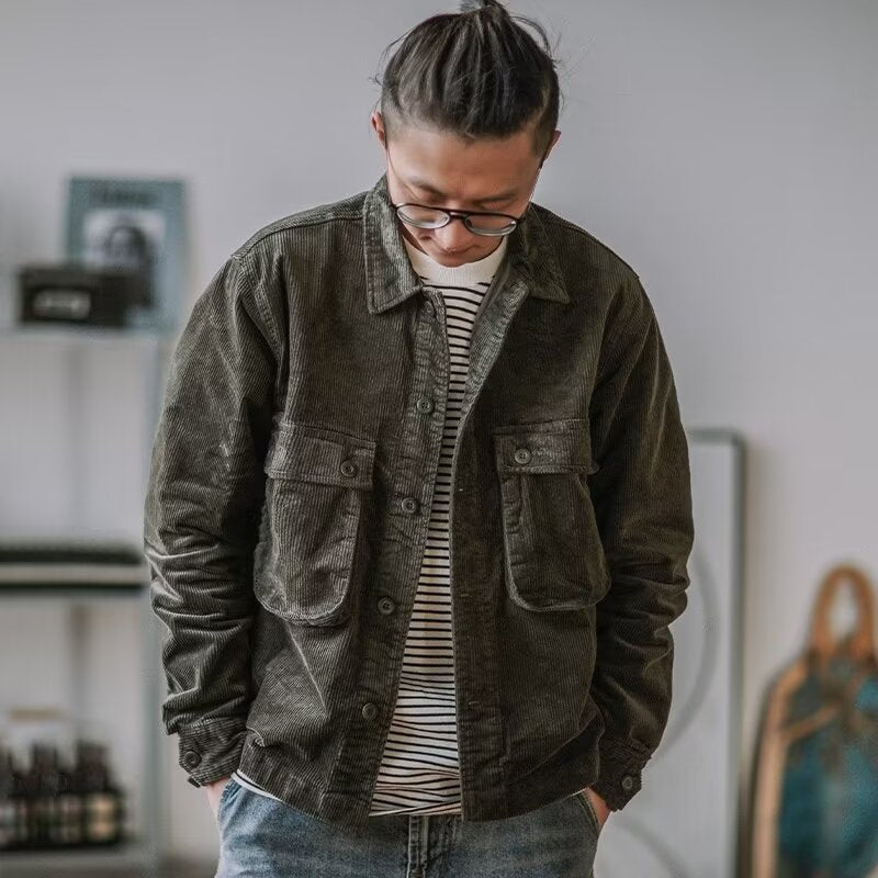 Herren Robustes Kord-Overshirt im Worker-Look mit aufgesetzten Pattentaschen Echoarchiv