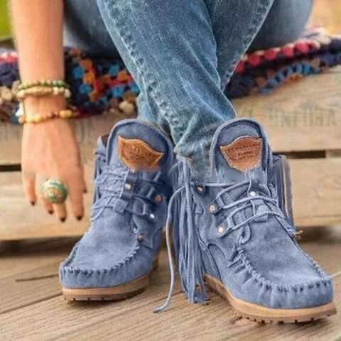 Damen Fransen‑Mokassin‑Ankleboots aus Veloursleder mit handgenähter Kettelnaht, Schnürung und profilierter Gummisohle Echo Archiv