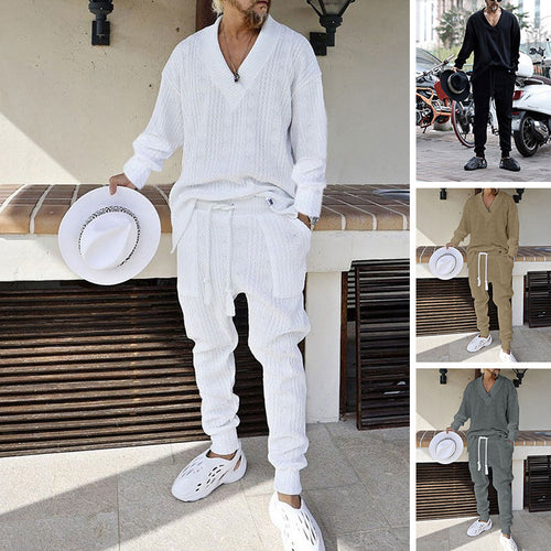 Herren Strukturiertes Strick-Loungewear-Set mit V-Ausschnitt und Tunnelzug-Jogginghose – Norvane