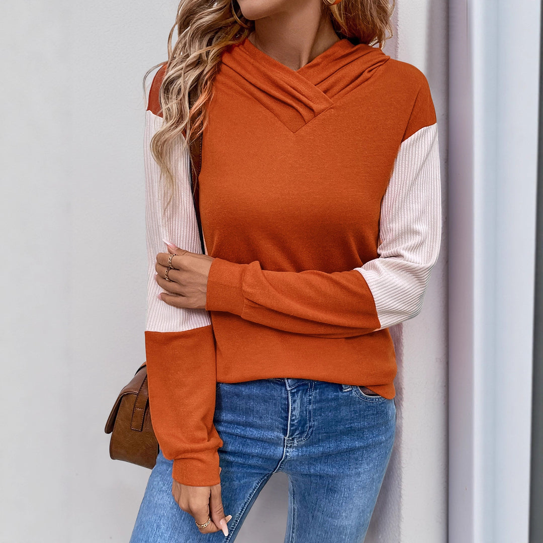 Damen Lässiger Kapuzenpullover mit V‑Kragen, Kontrastärmeln und Rippbündchen Echoarchiv
