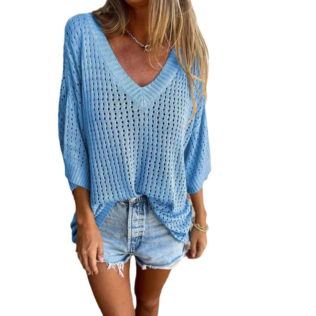 Damen nan luftig gestrickter V-Ausschnitt Pullover im Oversize-Schnitt Echo Archiv
