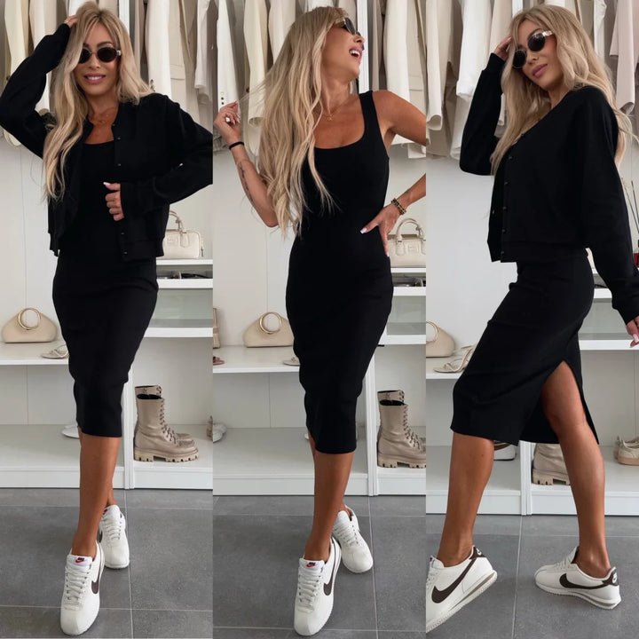 Damen figurbetontes Strick-Midikleid mit passender Kurzjacke und Rundhalsausschnitt – Élara