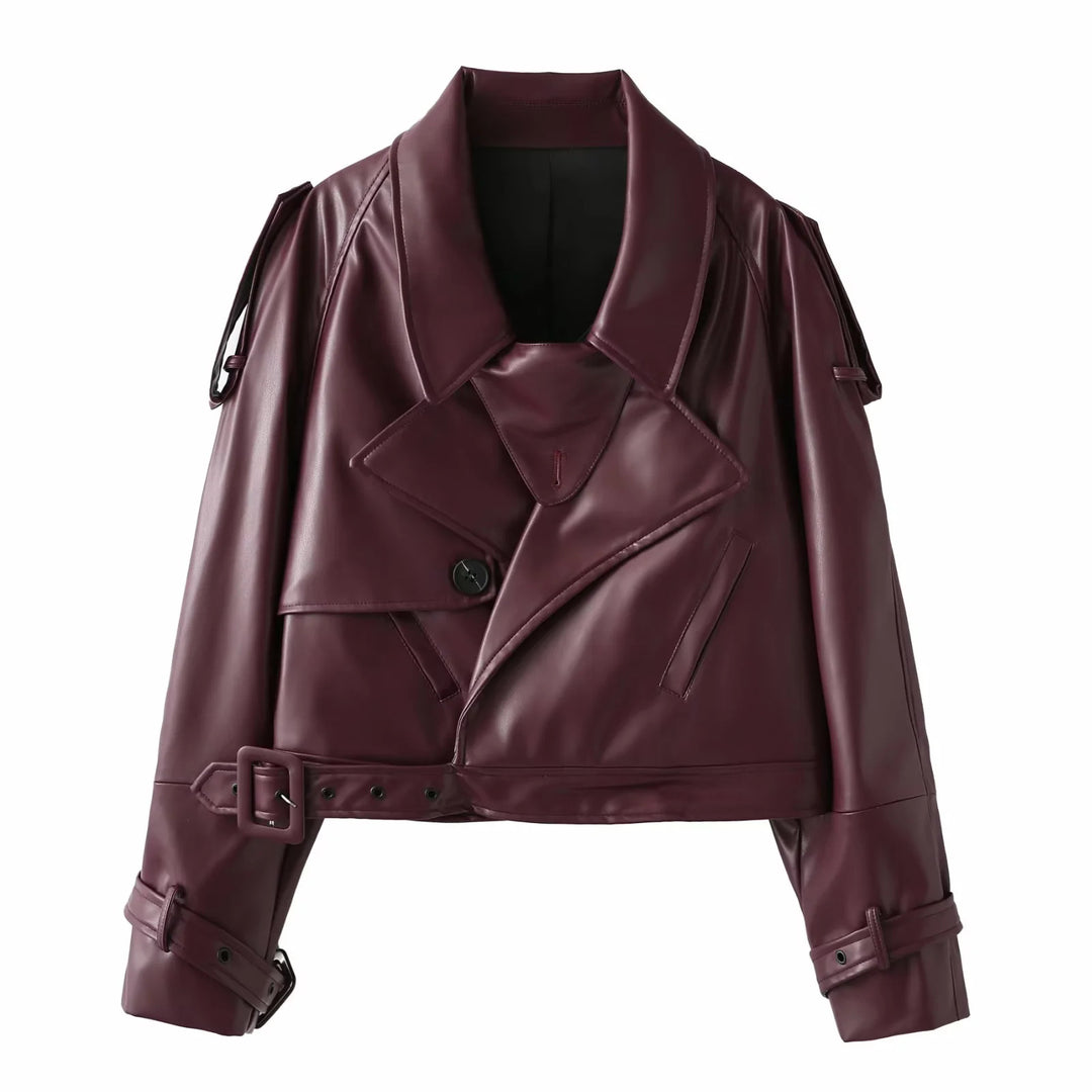 Damen cropped Kunstleder-Trenchblouson mit Schalkragen, Taillengürtel und verstellbaren Manschettenriemen – Célinea