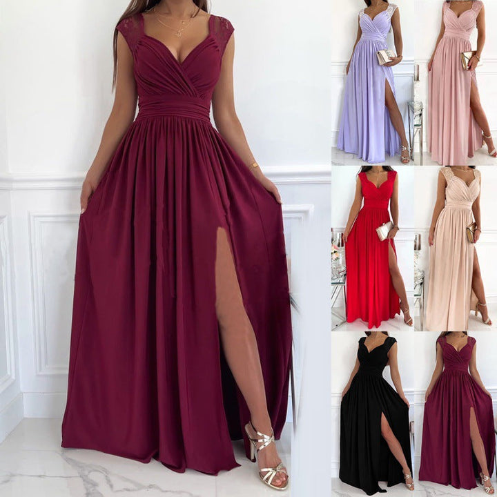Damen Maxikleid mit Raffiniertem V-Ausschnitt und Hohem Schlitz Echoarchiv