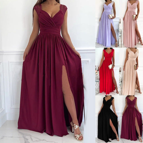 Damen Maxikleid mit Raffiniertem V-Ausschnitt und Hohem Schlitz Echoarchiv