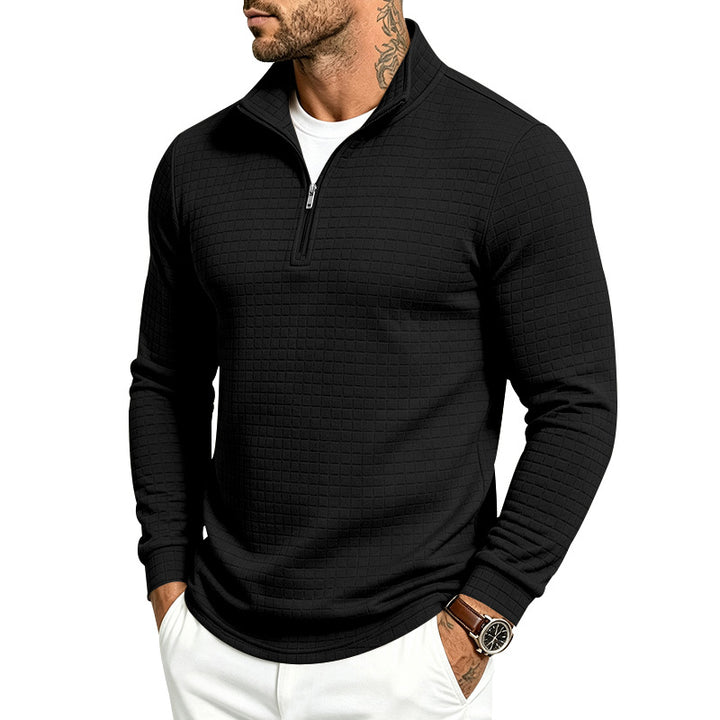Herren Slim-Fit Pullover mit halbem Reißverschluss und geprägter Quadratstruktur Echoarchiv