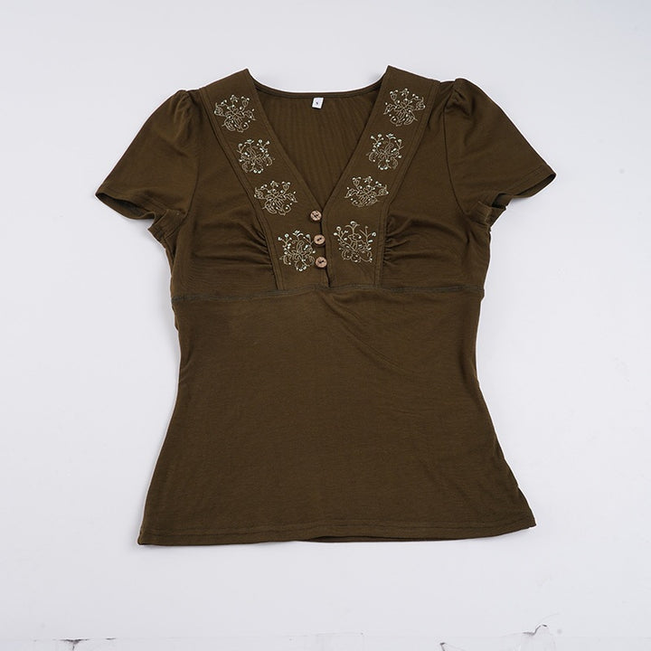 Damen Kurzarmshirt mit dekorativen Knopf- und Stickdetails Echo Archiv