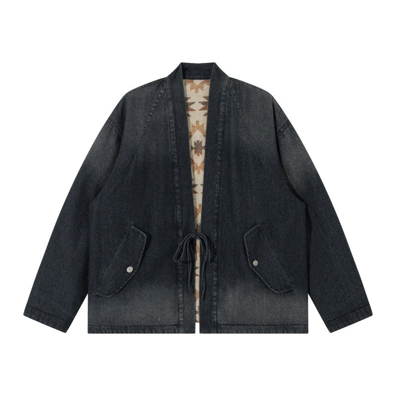 Unisex Jeans-Kimonojacke mit Bindegürtel und gemusterter Futterung Echoarchiv