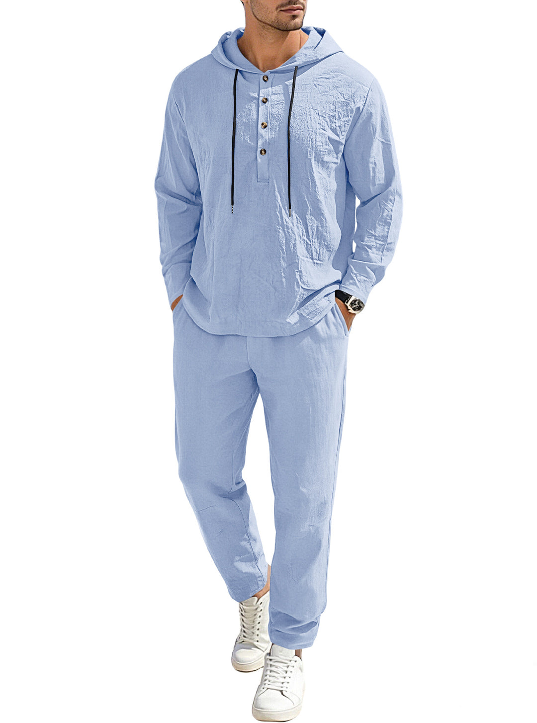 Herren nan entspannter Kapuzen-Henley Freizeitanzug aus leichter Baumwollmischung in Leinenoptik mit Kordelzug und elastischer Bundhose Echo Archiv
