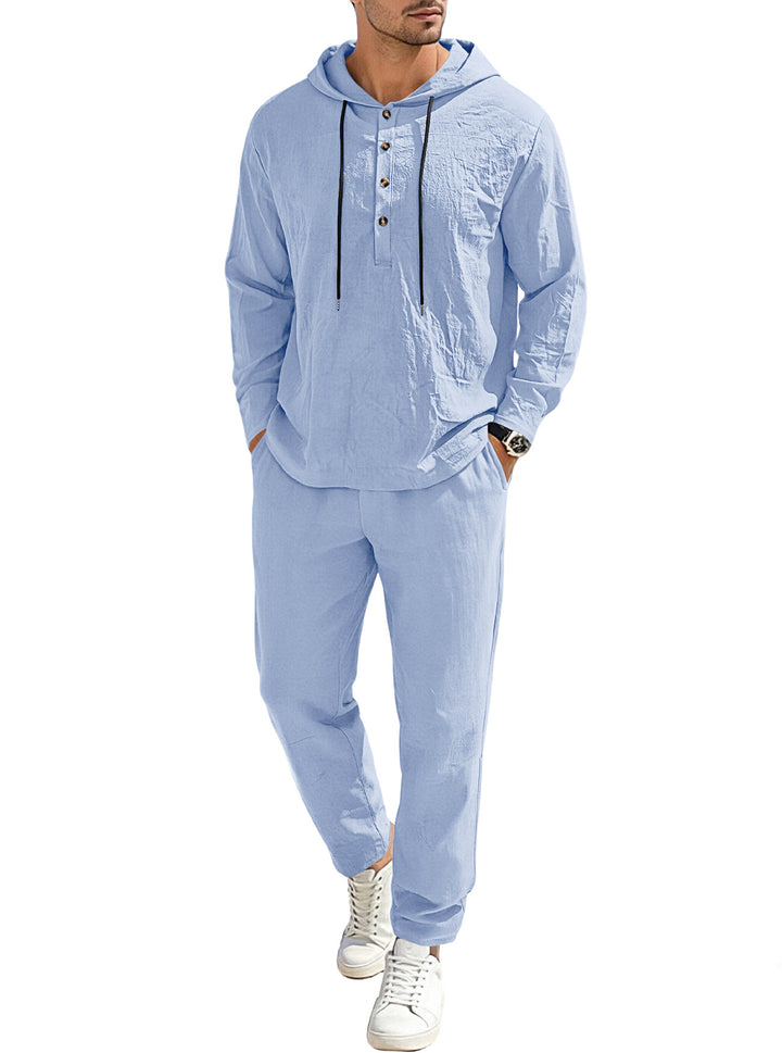 Herren nan entspannter Kapuzen-Henley Freizeitanzug aus leichter Baumwollmischung in Leinenoptik mit Kordelzug und elastischer Bundhose Echo Archiv