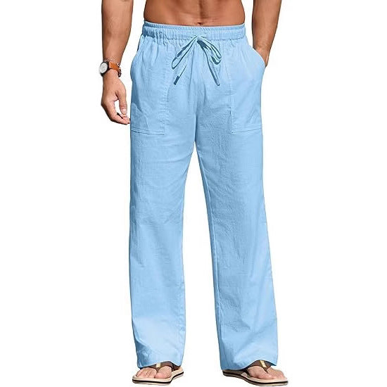 Herren nan leichte Leinenhose mit elastischem Bund, Kordelzug und aufgesetzten Taschen Echo Archiv