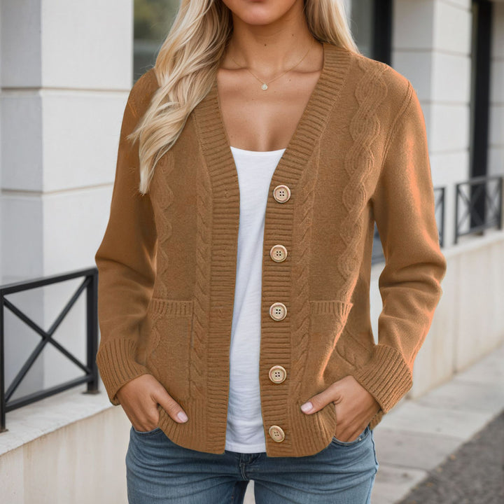 Damen nan längerer Strickcardigan mit Kabelstruktur, V-Ausschnitt und Holzknopfleiste Echo Archiv