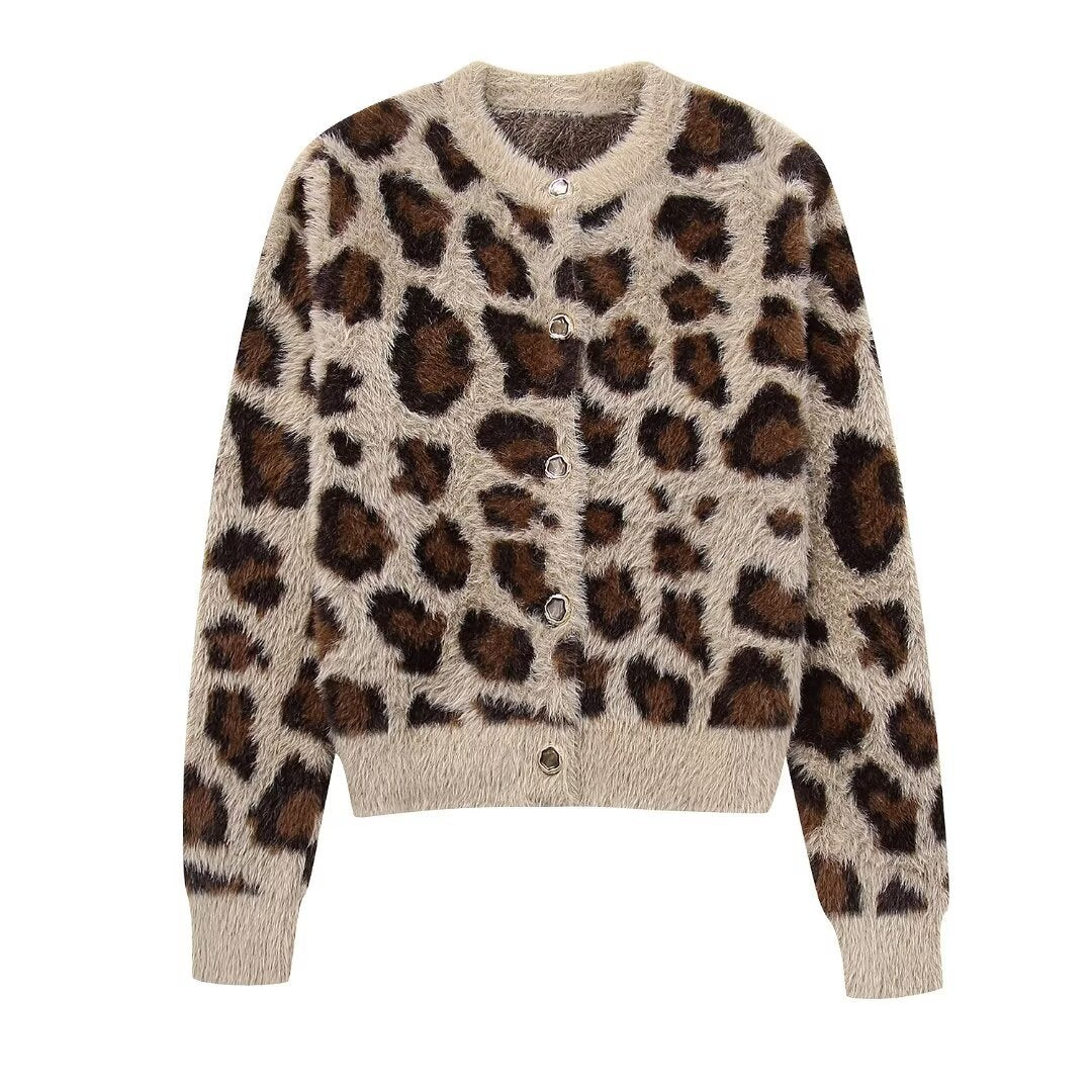 Damen nan kuschelige Strickjacke mit Leopardenmuster, Rundhalsausschnitt und durchgehender Knopfleiste Echo Archiv