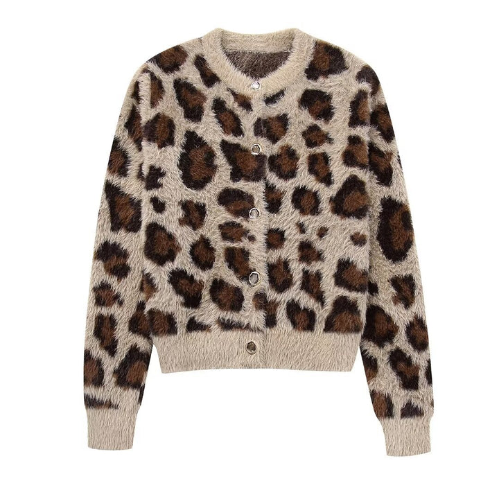 Damen nan kuschelige Strickjacke mit Leopardenmuster, Rundhalsausschnitt und durchgehender Knopfleiste Echo Archiv