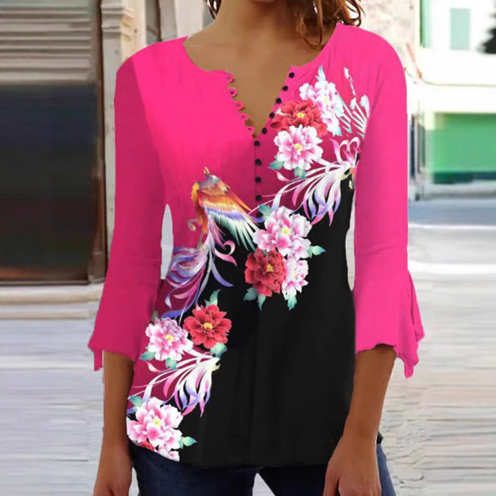 Damen nan V-Ausschnitt Tunika-Bluse mit floralem Vogelmuster, dreiviertel-Volantärmeln und figurumspielendem Saum Echo Archiv