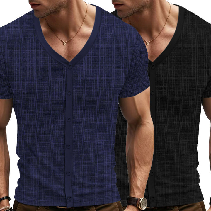 Herren Kurzarm Henley-Shirt mit strukturiertem Design und Knopfleiste Echoarchiv