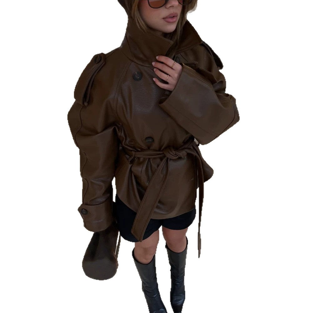 Damen Kurz geschnittener Oversize Lederimitat-Trench mit Taillengürtel und Epauletten Echoarchiv
