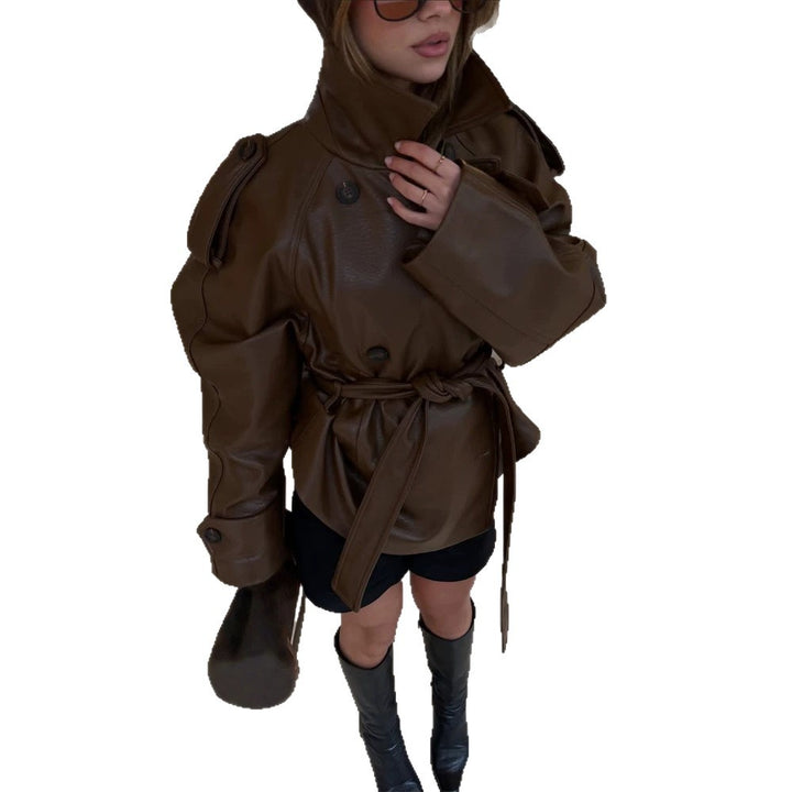 Damen Kurz geschnittener Oversize Lederimitat-Trench mit Taillengürtel und Epauletten Echoarchiv