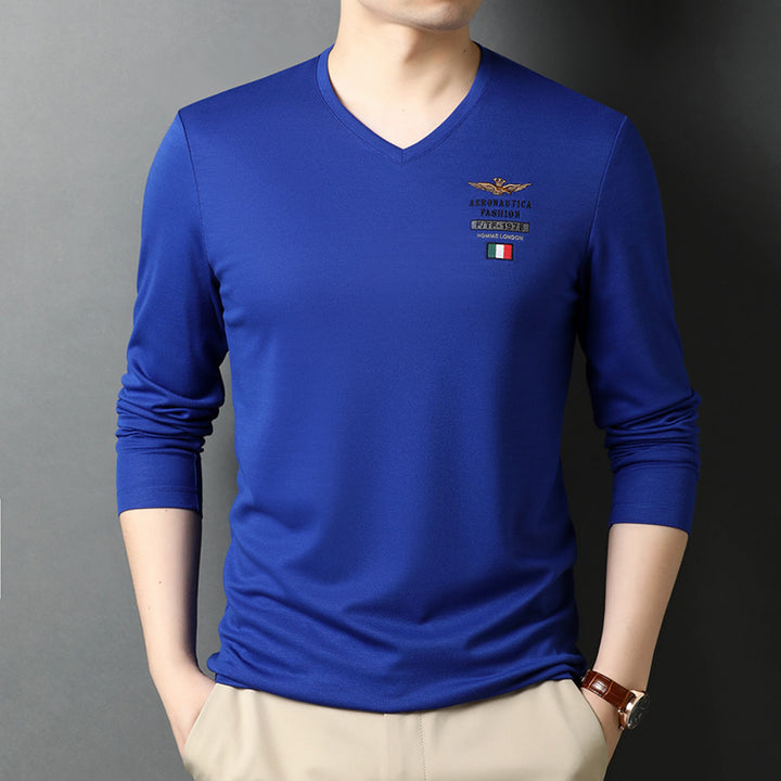 Herren V-Ausschnitt Langarmshirt mit eleganter Stickerei Echoarchiv
