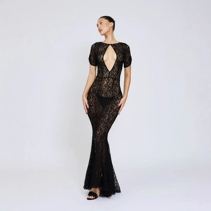 Damen Spitzenkleid mit tiefem Ausschnitt und ausgestelltem Schnitt Echo Archiv