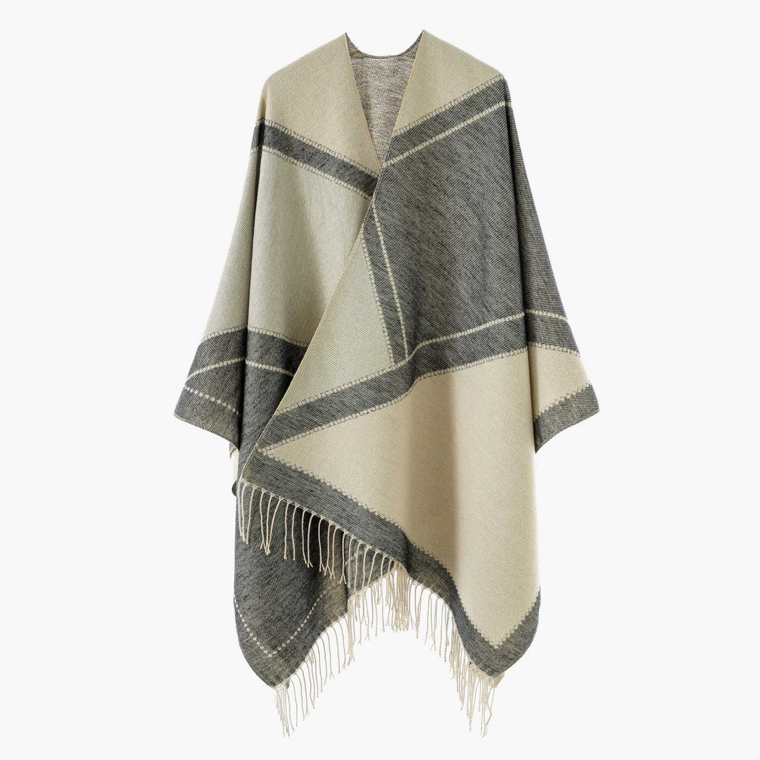Damen Wendbarer Strickcape-Poncho mit Fransen und kontrastierenden Streifen – Avérine