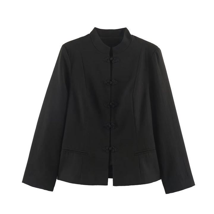 Damen Kurzjacke im Chinoiserie‑Stil mit Stehkragen und Knotenknopfverschluss Echoarchiv
