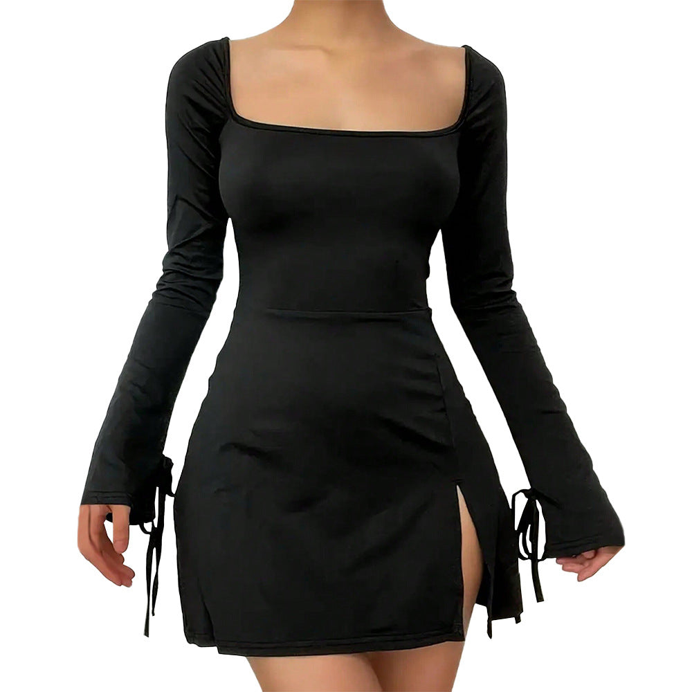 Damen figurbetontes Minikleid mit eckigem Ausschnitt Trompetenärmeln und seitlichem Schlitz – Élara