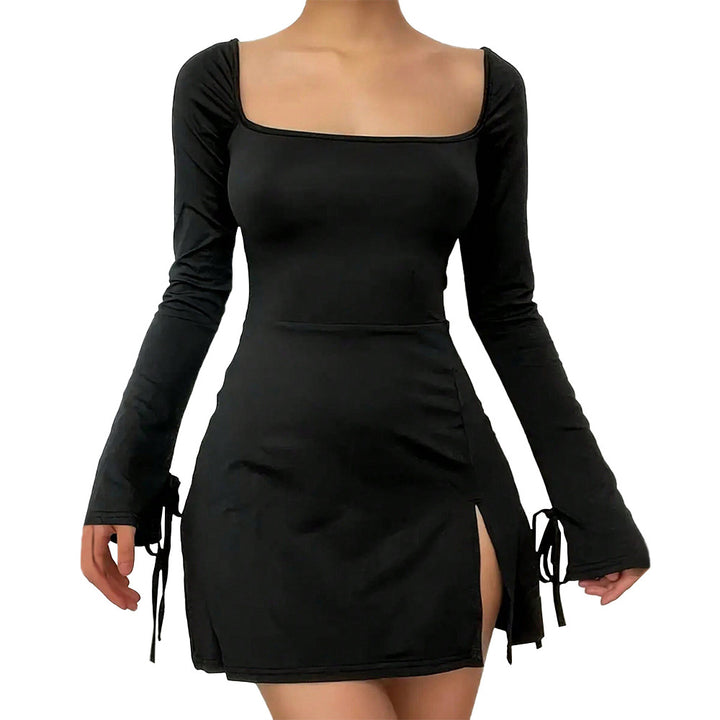 Damen figurbetontes Minikleid mit eckigem Ausschnitt Trompetenärmeln und seitlichem Schlitz – Élara