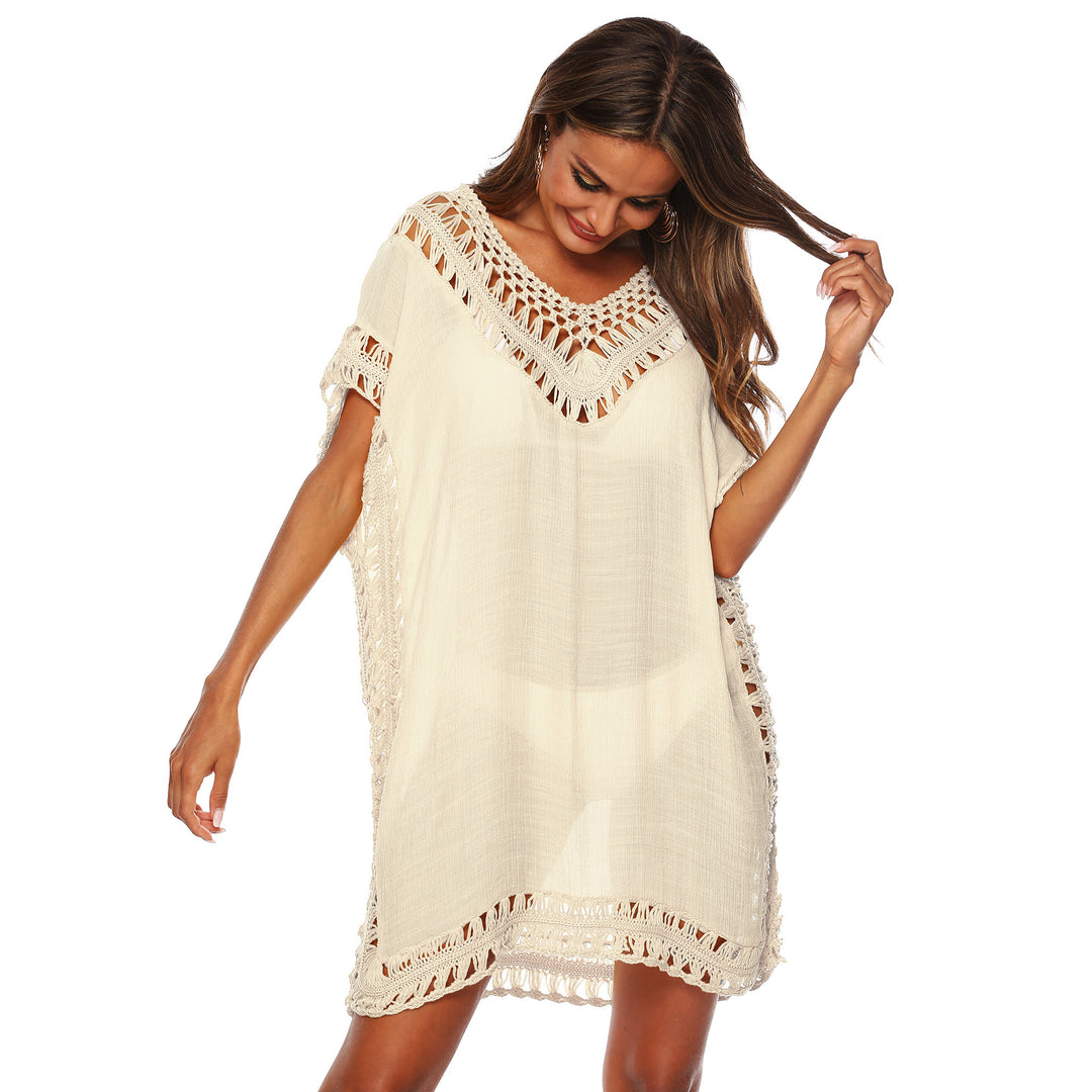 Damen Häkel-Strandüberwurf mit elegantem V-Ausschnitt und fransigen Details Echo Archiv
