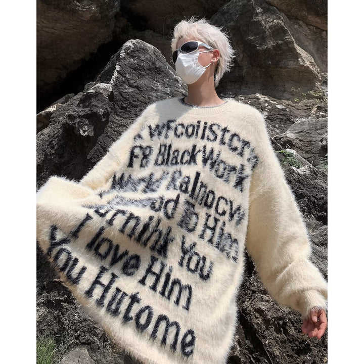 Unisex Oversized Strickpullover mit kreativem Schriftzug und gemütlichem Schnitt Echoarchiv