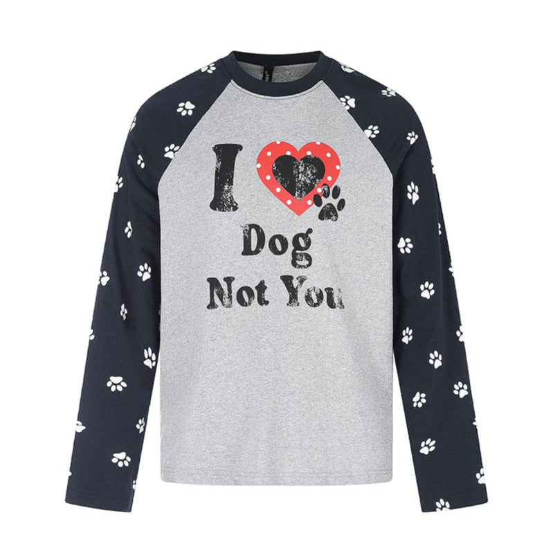 Damen Casual-Langarmshirt im Raglanstil mit Hunde-Pfotenmuster und Statement-Frontprint Echoarchiv