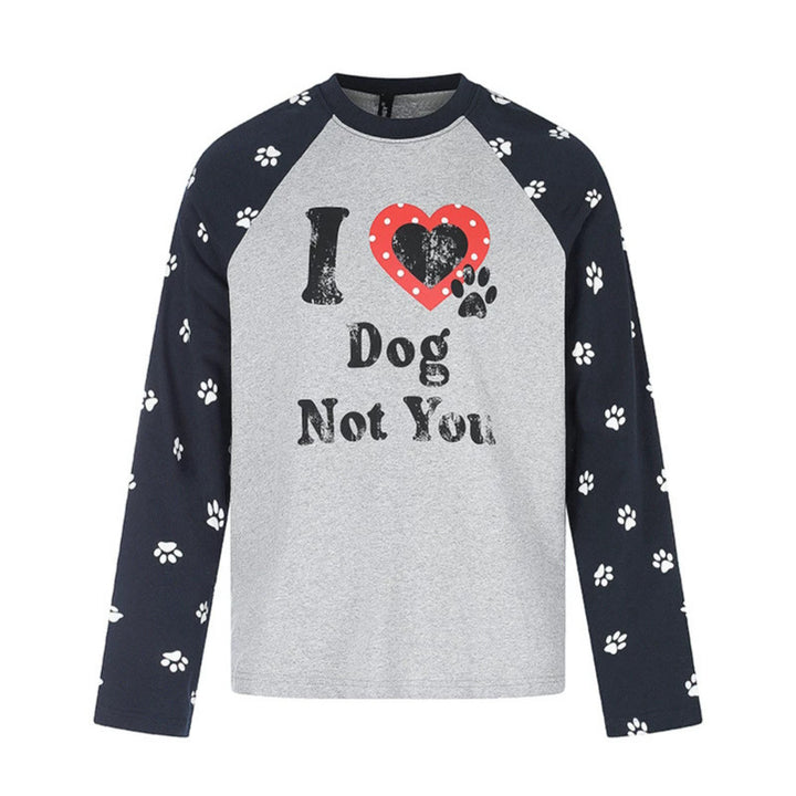 Damen Casual-Langarmshirt im Raglanstil mit Hunde-Pfotenmuster und Statement-Frontprint Echoarchiv
