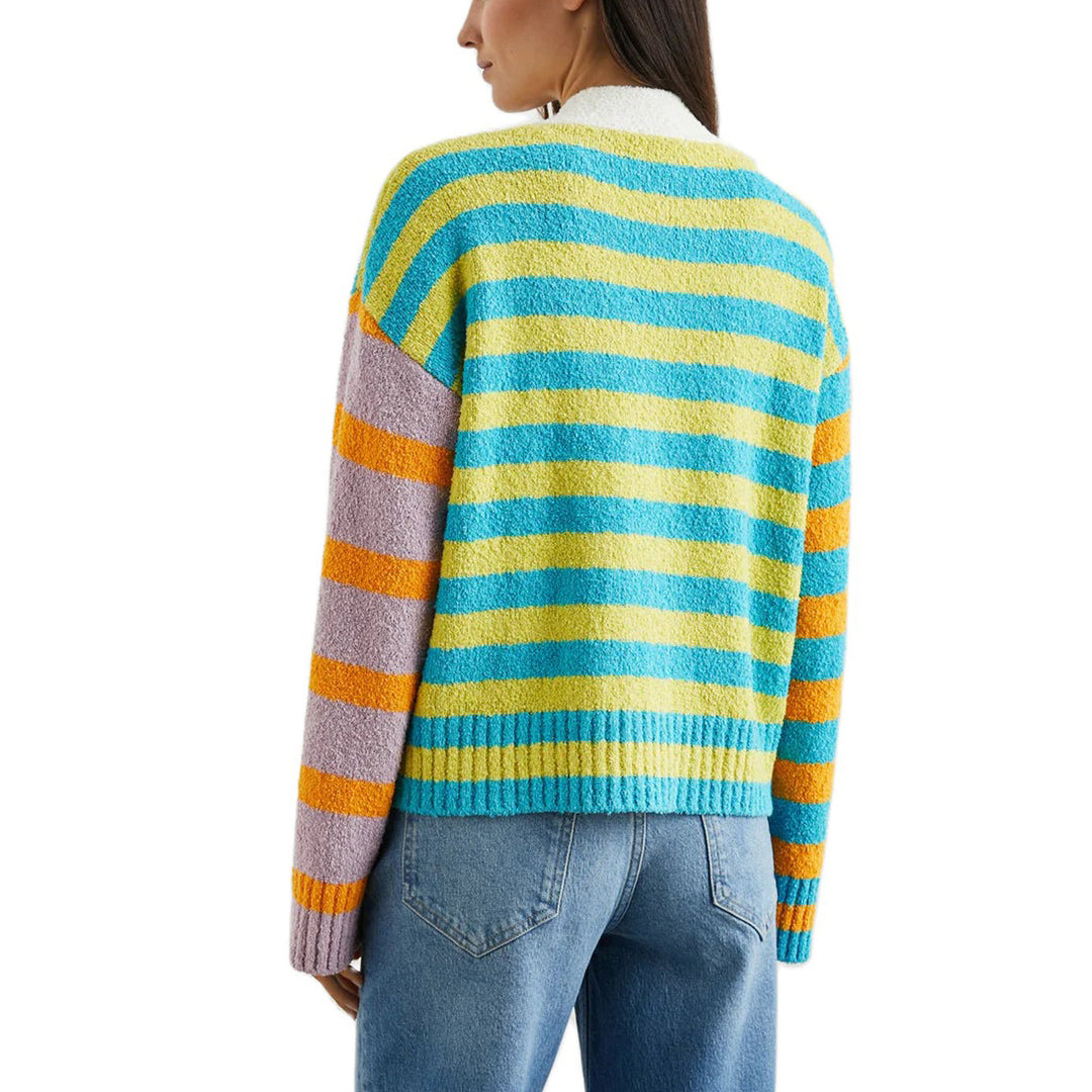 Damen lockerer gestreifter Frottee-Cardigan mit V-Ausschnitt und Knopfleiste – Veloura