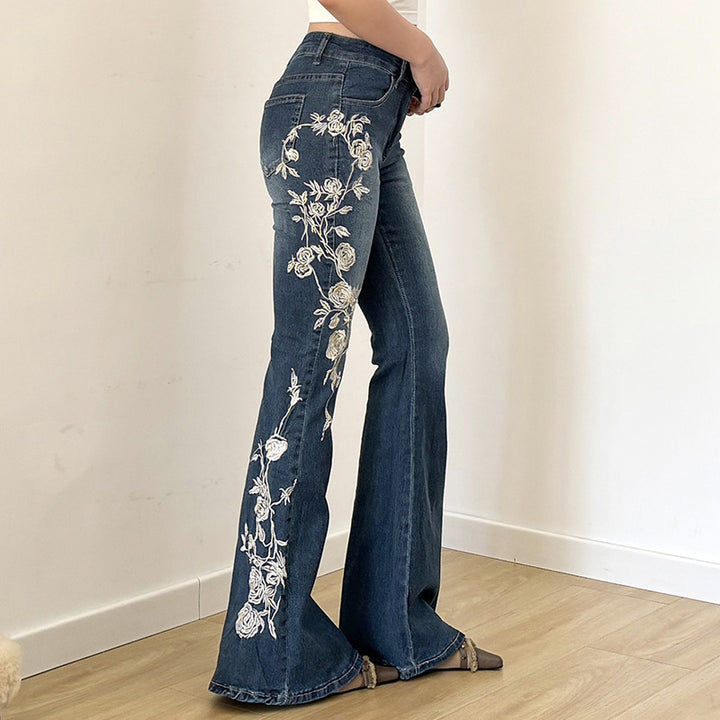 Damen Bestickte Schlagjeans mit hoher Taille und figurformender Passform Echo Archiv