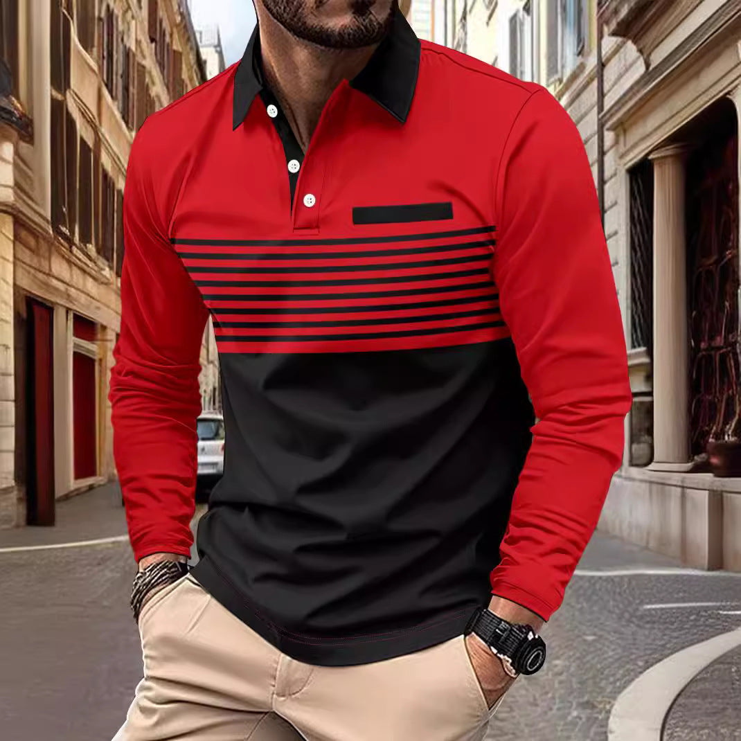 Herren nan langärmliges Poloshirt mit kontrastierendem Hemdkragen, dezenter Brustpaspel und feinem Streifenrelief Echo Archiv