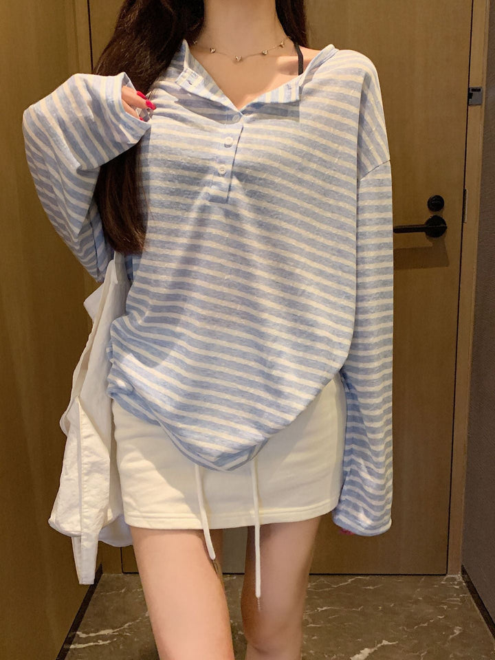 Damen Langarmshirt mit Knopfleiste und raffiniertem Streifenmuster Echoarchiv