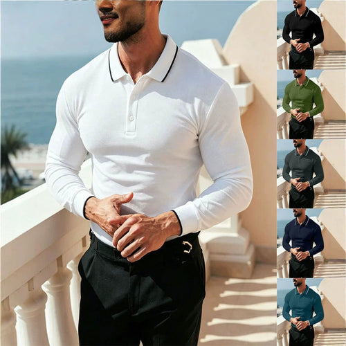 Herren Langärmeliges Funktions-Poloshirt mit Piquéstruktur und Kontrastkragen – Cavello