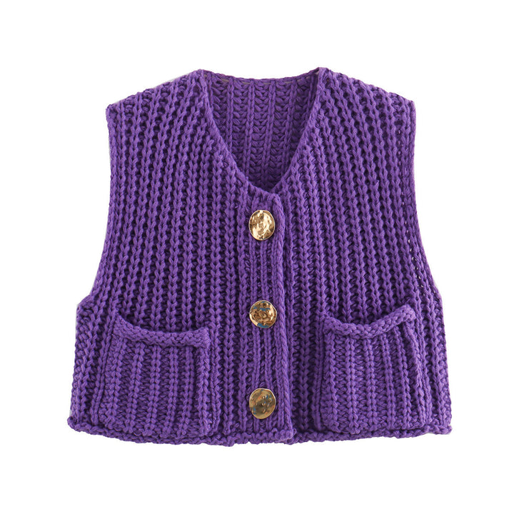 Damen Grobgestrickte Cropped Weste mit V-Ausschnitt und goldenen Zierknöpfen – Veloura