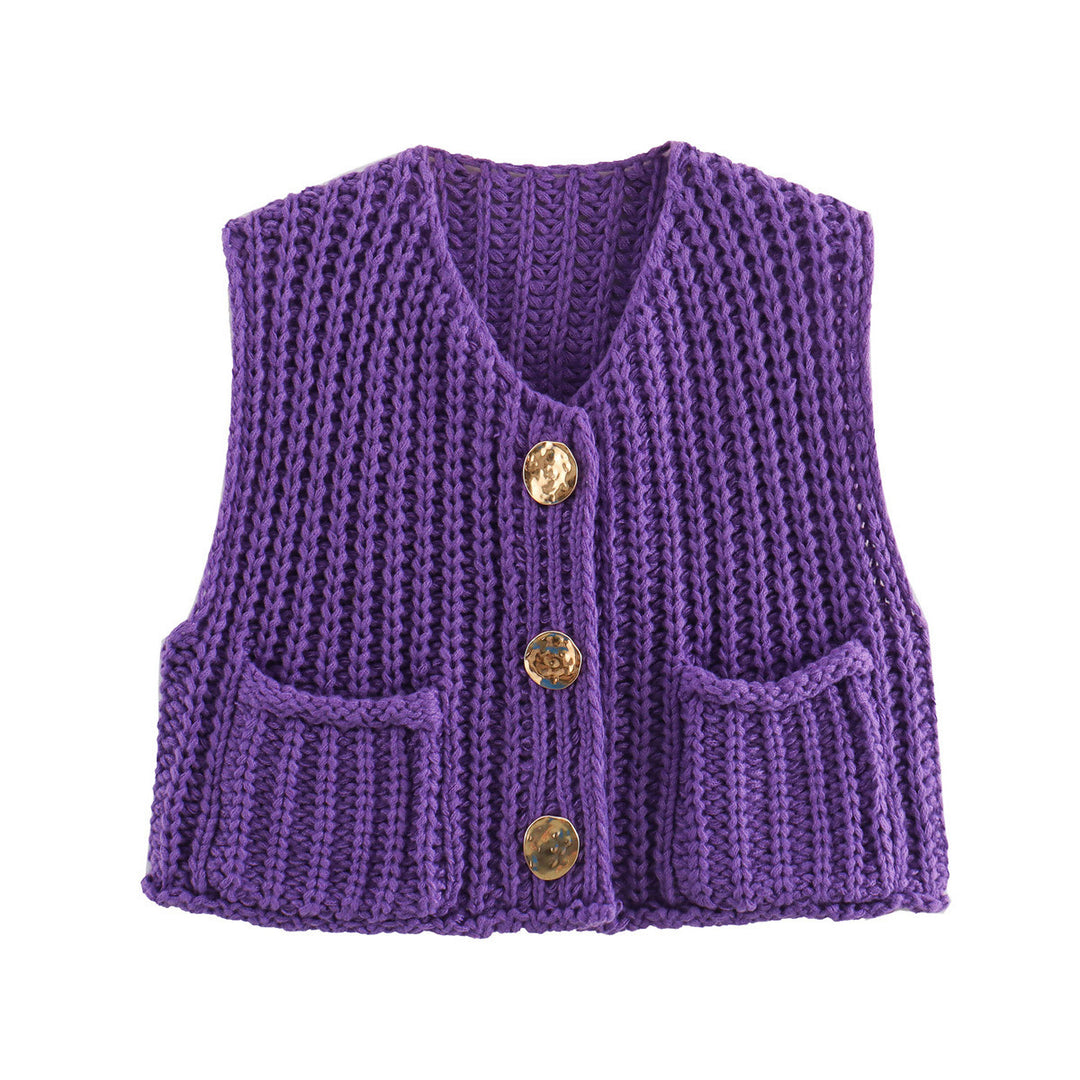 Damen Kurzgeschnittene Ärmellose Strickweste mit V-Ausschnitt und Zierknöpfen – Veloura