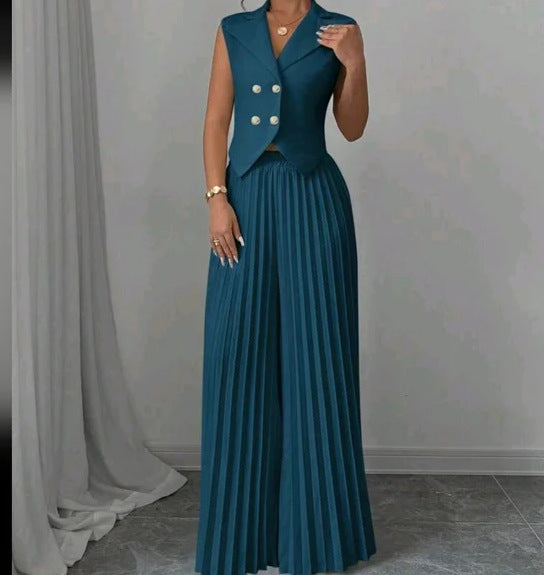 Damen Ärmelloses Weste-Blazer-Top mit Revers und plissierter Palazzo-Hose Zweiteiliges Abendset – Valéne