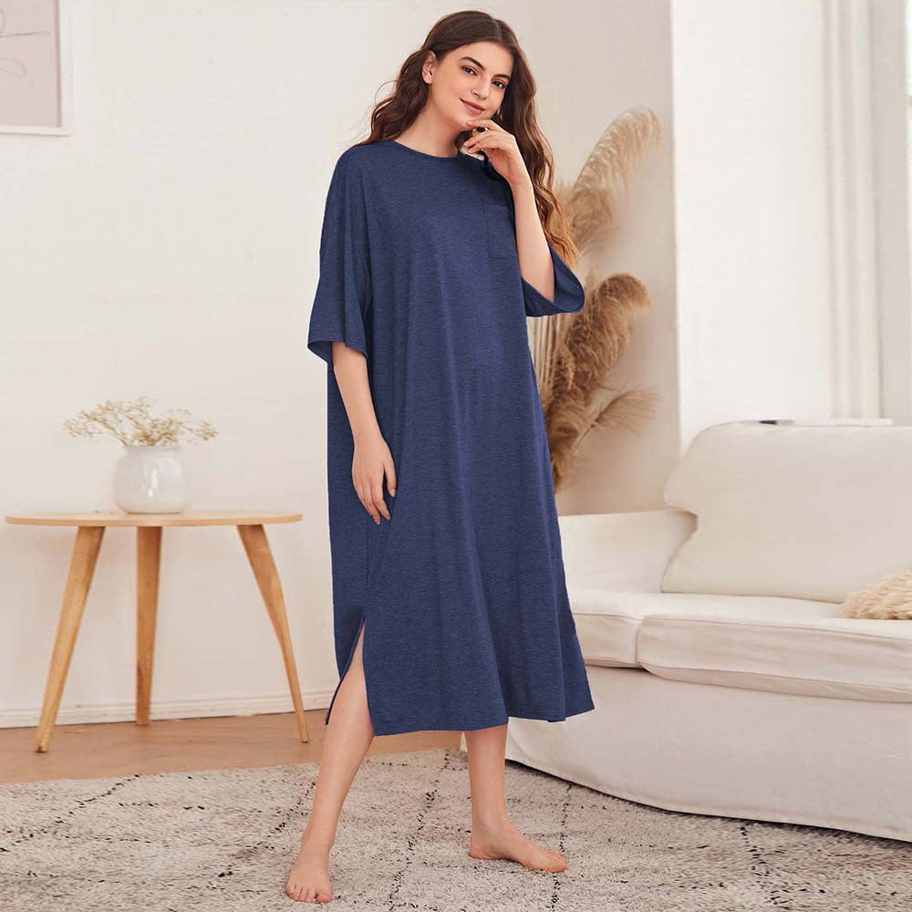 Damen legeres Oversize-Nachthemd mit Brusttasche und seitlichen Schlitzen – Lunéa